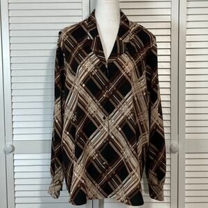 Investments Retro Brown Plaid Collared Long Sleeve Tunic Blouse Women XL